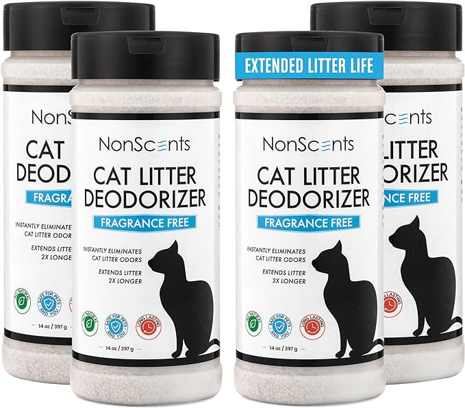 NonScents Cat Litter Deodorizer - Litter Box Odor Eliminator - Less Scooping Extends Kitty Litter Lifespan - Fragrance-Free Formula Eliminates Unpleasant Cat Odors - Fresh Scent Litter Pans (4-Pack)-Mewly Pet