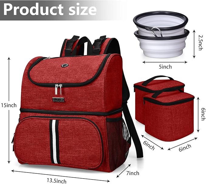 BAGLHER Pet Travel Bag, Double-Layer Pet Supplies Backpack (for All Pet Travel Supplies), Pet Travel Backpack with 2 Silicone Collapsible Bowls and 2 Food Baskets Red-Mewly Pet