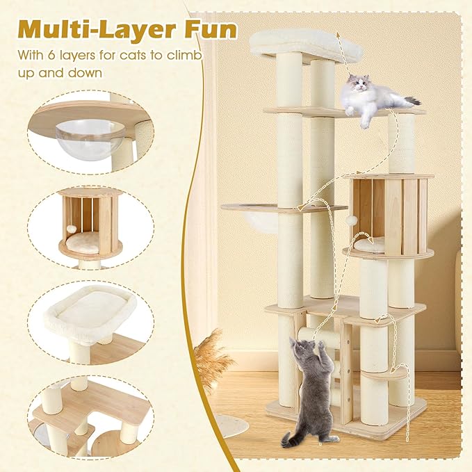 Tangkula 71” Tall Cat Tree, Multi-Layer Wood Cat Tower with Scratching Posts, Perch, Condo, Space Capsule, Ladder, Dangling Ball, Washable Cushions, Modern Cat Tree Tower for Indoor Cats Large Adult-Mewly Pet