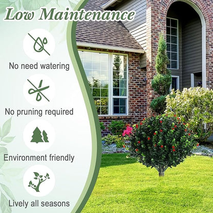 XunYee 4 Pcs 20" Artificial Topiary Ball Trees, Outdoor Artificial Shrubs Faux Bushes UV Resistance Greenery Fake Plants Tree with Ground Spike for Garden Porch Patio Indoor Decoration (Red Berries)