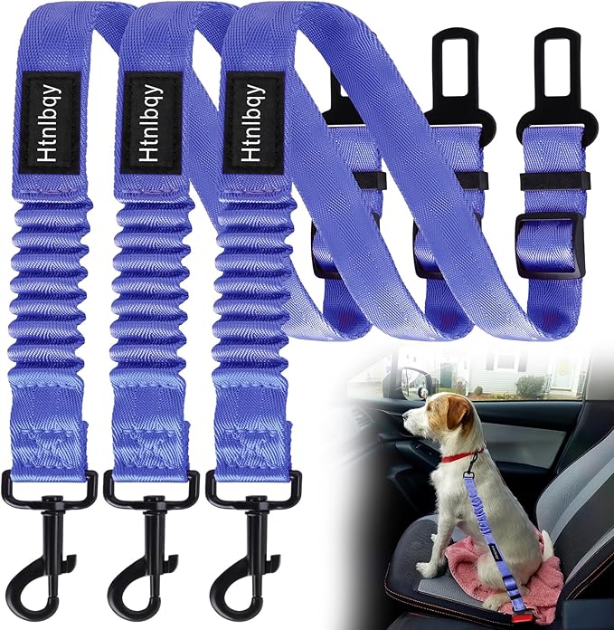 3 Pack Thickened Dog Seat Belt, Set Retractable Dog Car Adjustable Seatbelts for Vehicle Nylon Pet Safety Heavy Duty & Elastic & Durable Car Harness for Dogs, Blue-Mewly Pet