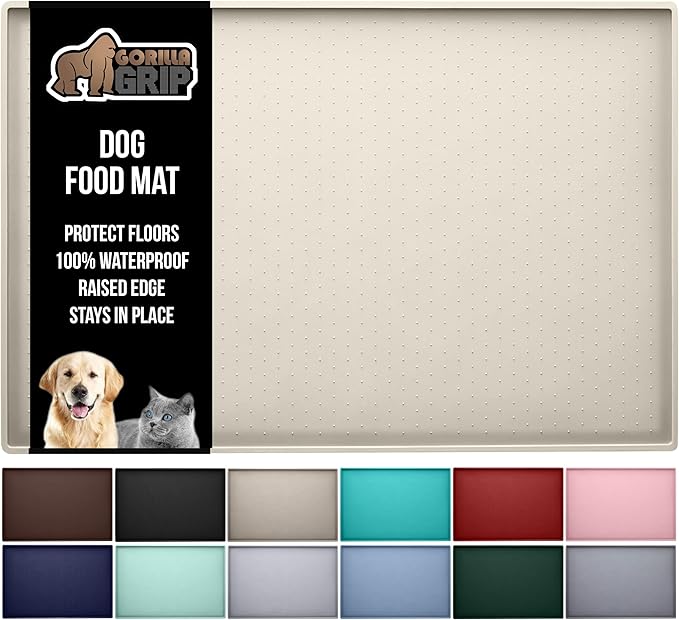 GORILLA GRIP 100% Waterproof Raised Edge BPA Free Silicone Pet Feeding Mat, Dog Cat Food Mats Contain Spills Protects Floors, Placemats for Cats and Dogs Water Bowl, Pets Accessories 23x15 Cream-Mewly Pet