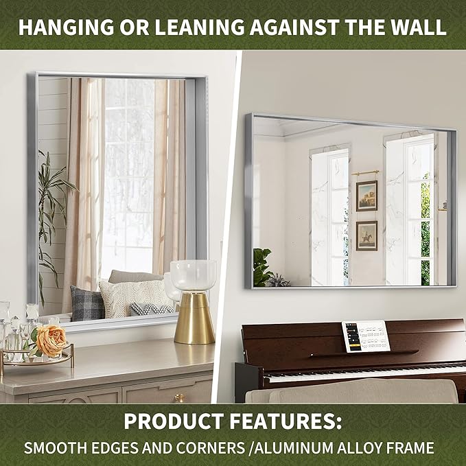 Suidia Bathroom Mirror, 60" x 30" Wall Mirror Metal Framed, Bathroom Vanity Mirror for Living Room Bedroom Bathroom Entryway, Silver, Rect Corner Style