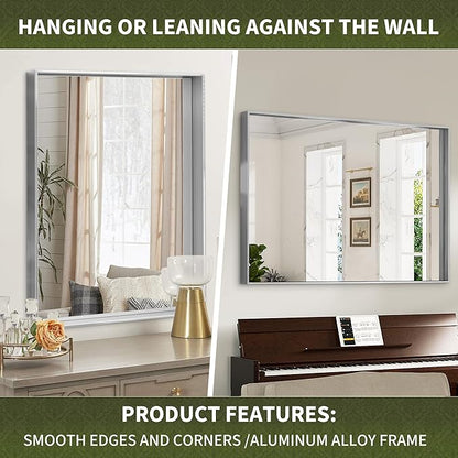 Suidia Bathroom Mirror, 60" x 30" Wall Mirror Metal Framed, Bathroom Vanity Mirror for Living Room Bedroom Bathroom Entryway, Silver, Rect Corner Style