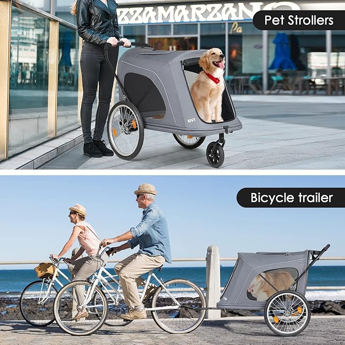 R8 Extra Large Foldable Pet Stroller, Dog Stroller & Pet Trailer for Large Dogs Under 100 lbs, Unmovable, Disabled & Pregnant Dogs - Conveniently Carriable by Bike and Car, Grey-Mewly Pet