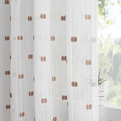 MYSKY HOME White Curtains for Bedroom 84 Inch Length Long Sheer Curtains for Living Room Nursery Curtains with Taupe Patched Design Rod Pocket Privacy Window Drapes Dining Room 52" x 84" 2 Panels