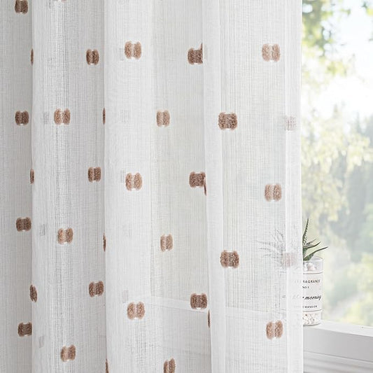 MYSKY HOME White Curtains for Bedroom 84 Inch Length Long Sheer Curtains for Living Room Nursery Curtains with Taupe Patched Design Rod Pocket Privacy Window Drapes Dining Room 52" x 84" 2 Panels
