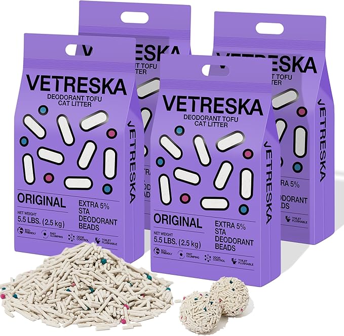 VETRESKA Tofu Cat Litter,Natural Kitty Litter Strong Clumping Flushable Cat Litter Pellets Ultra Absorbent,Odor Control,Dust-Free,Low Tracking Eco-Friendly Tofu Litter,Original(5.5lb×4bags)-Mewly Pet