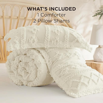 Bedsure Tufted Boho Comforter Set Queen Size - Ivory Boho Bed Set, GentleSoft™ 3 Pieces Farmhouse Shabby Chic Embroidery Bedding, Gifts for Woman, Soft Jacquard Queen Comforter for All Seasons
