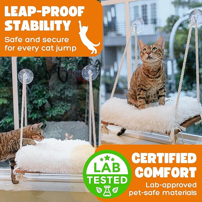 Cat Window Perch - Hammock Bed for Cats Inside - Solid Wood Seat, 4 Strong Suction Cups, Soft Cushion - Rustic Indoor Pet Shelf-Mewly Pet