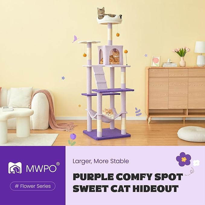 MWPO Flower Large Cat Tree, 70.1-Inch Multi-Level Tall Cat Tower for Indoor Cats, Plush Cat Condo with Big Padded Perches, Sisal-Covered Scratching Posts, Hammock, Toys for Kittens & Cats-Mewly Pet