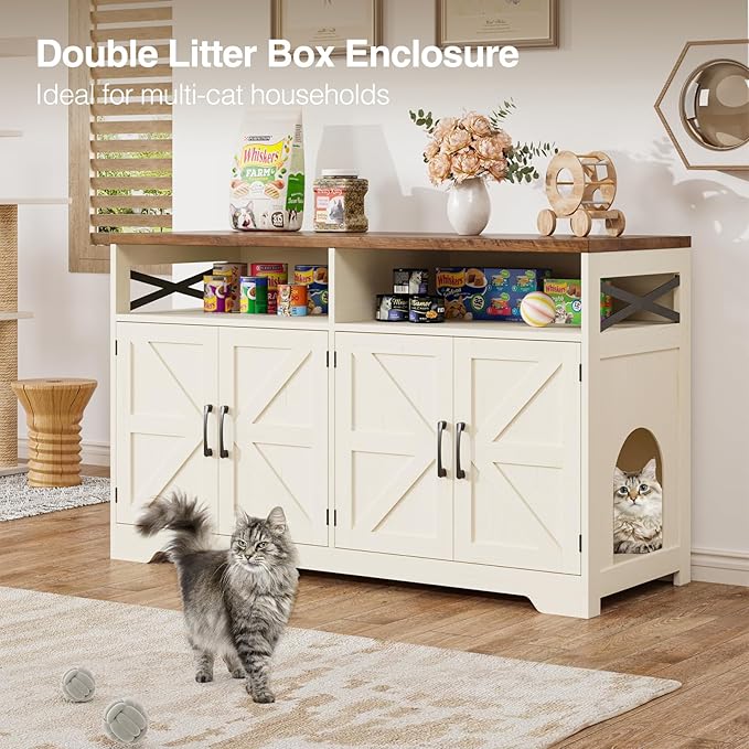 Cat Litter Box Enclosure for 2 Cats, 47" Hidden Litter Box Furniture Cat Washroom with Double Large Room, Farmhouse Indoor Litter Box Cabinet TV Stand, White-Mewly Pet