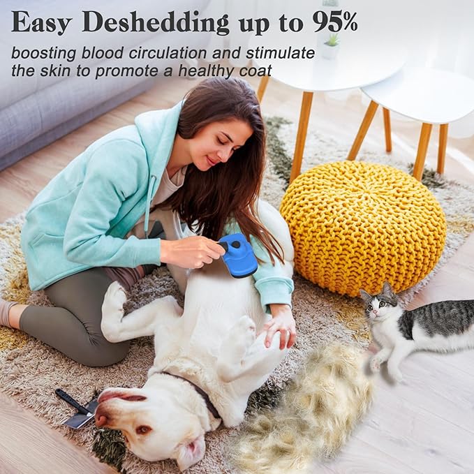 Self-Cleaning Brush for Pet Deshedding - Skin-Friendly Grooming Tool for Dogs and Cats, Blue-Mewly Pet
