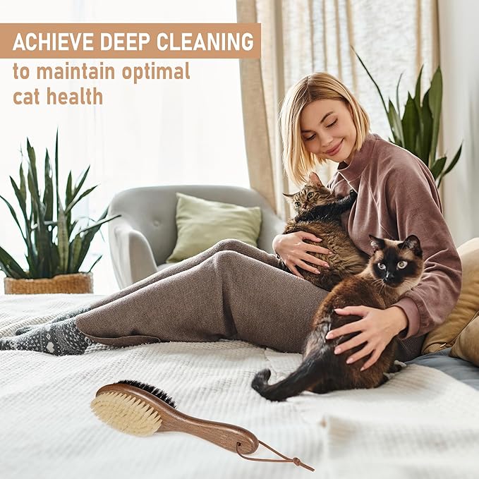 Takavu Double-Sided Boar Bristle Cat Brush - Natural Grooming Tool for Gentle Cleaning, Shine & Reduced Loose Hair - Wood Handle Pet Brush-Mewly Pet