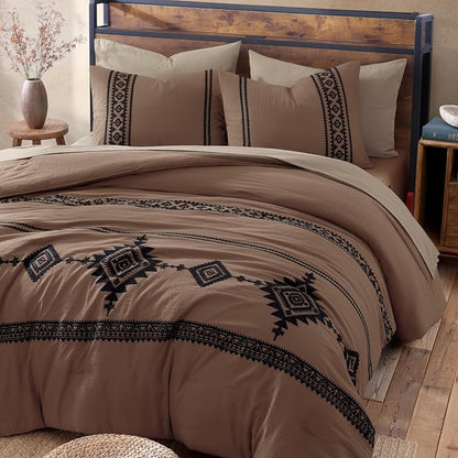 MaiRêve Embroidery Queen Size Comforter Set Brown, Boho Farmhouse Western Bedding Set 7 Pieces, All Season Bed in A Bag Comforter Set with Sheets, Pillowcases & Shams