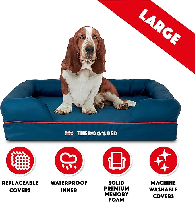 The Dog’s Bed Orthopedic Dog Bed Large Blue Oxford with Red Trim UK Flag Dog Bed 36x27 Memory Foam, Pain Relief: Arthritis, Post Surgery, Lameness, Veterinary Approved, Waterproof Washable Cover-Mewly Pet