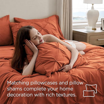 Bedsure California King Comforter Set Burnt Orange - Bed in a Bag Cal King Bedding Set 7 Pieces, GentleSoft™ Pintuck Bed Set Gift for Family, Pinch Pleat Comforter with Sheets, Pillowcases & Shams