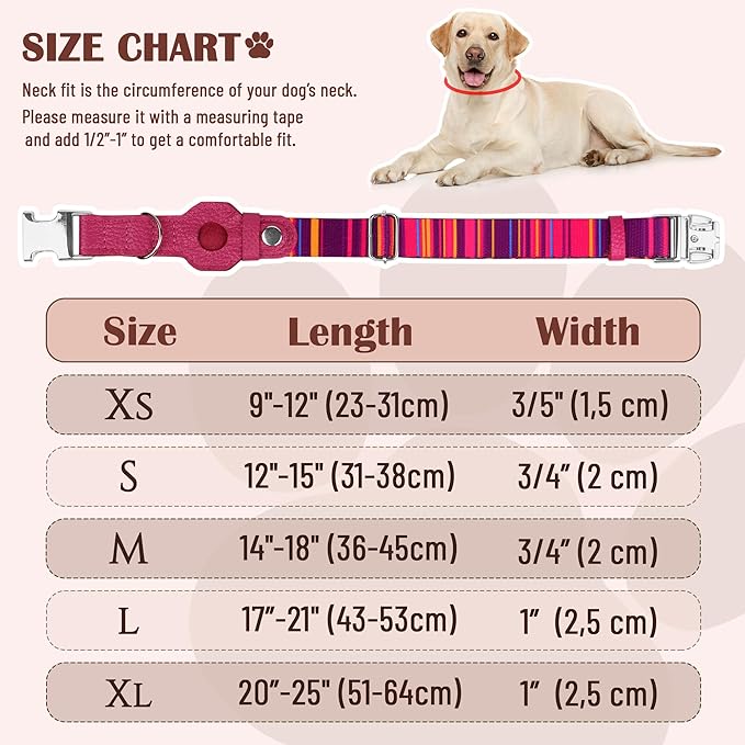 AirTag Dog Collar for Small Medium Large Breed - Adjustable Cute Pattern Dog Collar with Airtag Holder - Soft Leather Tracker GPS Apple Air Tag Pet Collars (Large, 17"-21" Neck Fit, Striped)-Mewly Pet