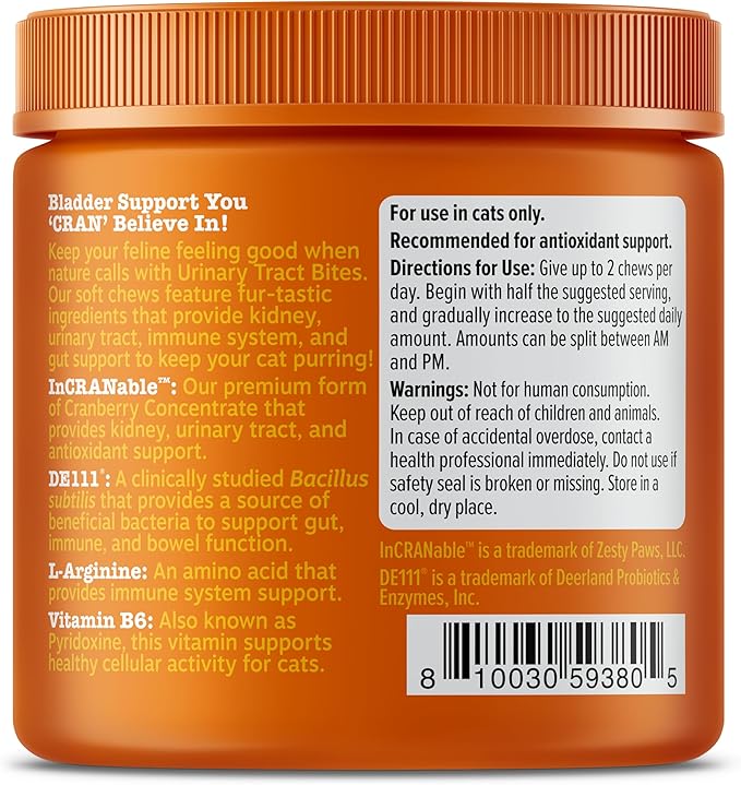 Zesty Paws Cranberry Urinary Tract Bites for Cats - Kidney & Urinary Tract Health - Soft Chews with D-Mannose, Vitamin B6 & L-Arginine - Immune & Gut Support - Bacon - 60 Count-Mewly Pet