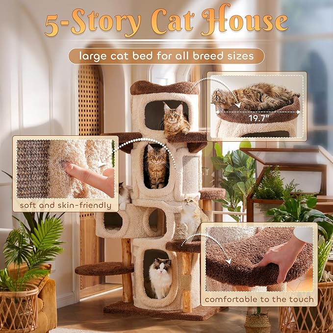 70'' Luxury Heavy Duty Cat Tree for Indoor Cats Adults,Treehouse Theme Large Cat Tower for Home Decoration,Multi-Level Modern Maine Coon Condo with 3*Wood Scratching Post,Perch,Huge House for Multicat-Mewly Pet