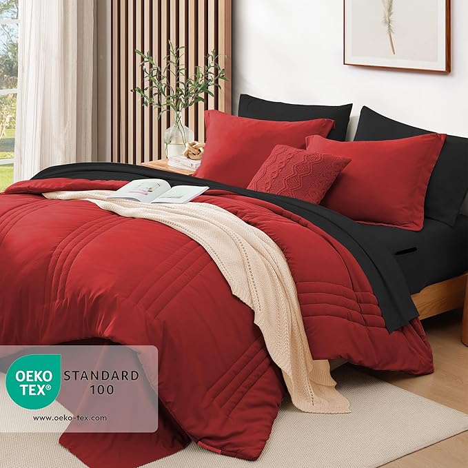 Monbix Full Comforter Set - 7 Pieces Bright Red Bed in a Bag Full Size Bedding Sets with Comforters, All Seasons Down Alternative Comforter with Sheets, Pillowcases & Shams