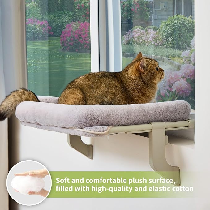 Cat Window Perch, Adjustable Cat Hammock for Large Cats, Mounts on Window Sills, Bedside, or Glass, Easy Installation and Removal, Washable Cushion Cover (20.5" W×15.7" L, Gray)-Mewly Pet
