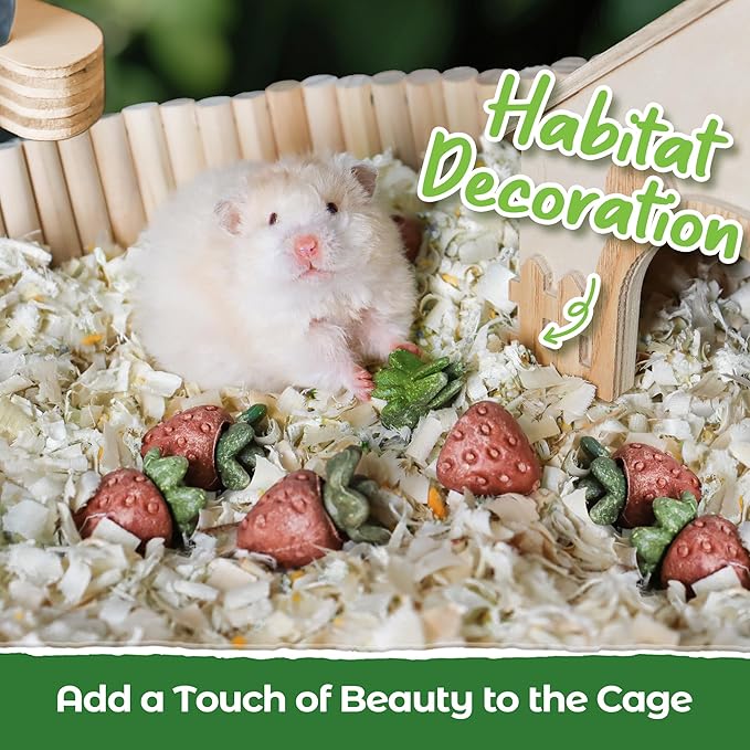 TEEWY 4PCS Hamster Chew Toys, Guinea Pig Chew Toys for Teeth with Natural Vegetables and Timothy Grass, Chinchilla Toys,Dental Care for Rats/Guinea Pigs/Hamsters and Gerbil, Strawberry-Shape-Mewly Pet