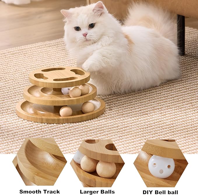 Cat Ball Track Toy with Puzzle Top, Wooden Cat Toys for Indoor Cats with Spinning Balls, Interactive Large Cat Ball Tower for Kitten Exercise Mental Physical-Mewly Pet
