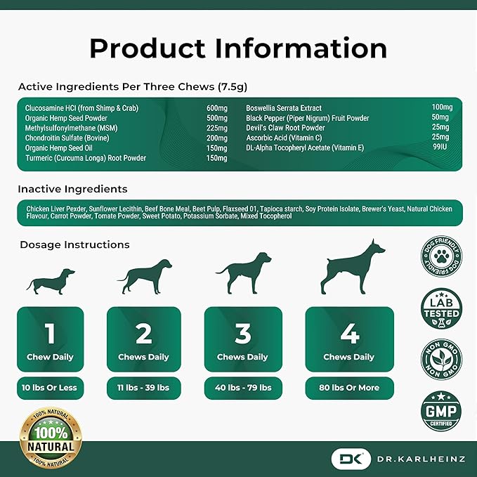 Glucosamine for Dogs - Max Strength Hip and Joint Supplement for Dogs - MSM, Chondroitin, Hemp Oil, Turmeric - Mobility Support and Pain Relief - 120 Chewable Tablets (Chicken Flavor)-Mewly Pet