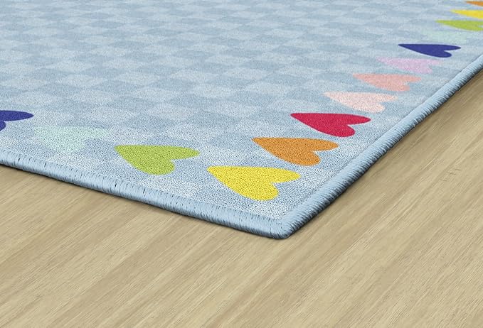 Flagship Carpets Schoolgirl Style Blue with Rainbow Hearts Border Educational Area Rug for Kids Room Seating Décor, Children's Classroom, Play Carpet for Teaching and Playroom, 5' x 7'6", Blue
