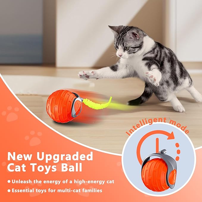 Cat Toys,Interactive Cat Toys Ball for Bored Indoor Cat,Automatic Rolling,Drop Resistant and Obstacle Avoidance,2 Modes Adjustment,Fluffy Tail and USB Type-C Rechargeable（Orange）-Mewly Pet