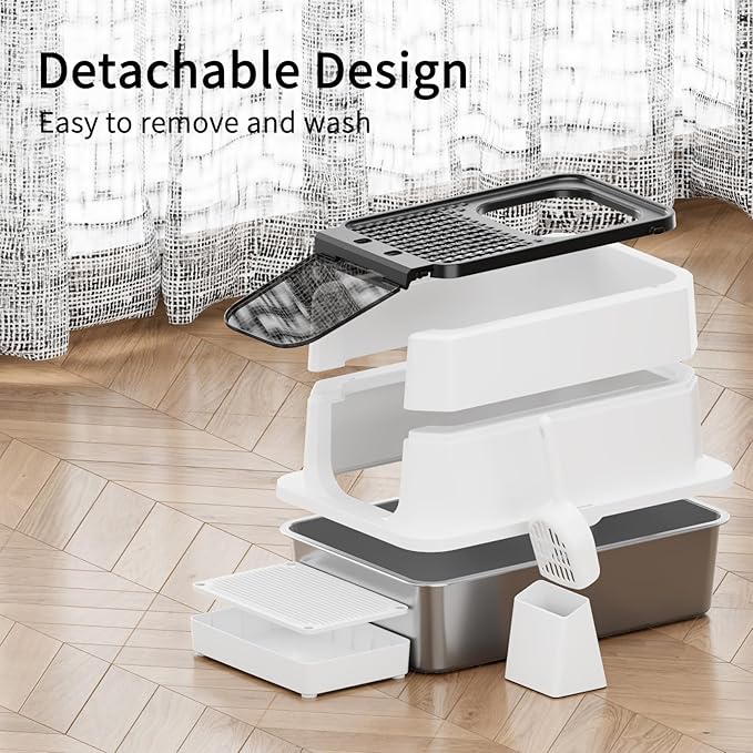 RIZZARI Stainless Steel Cat Litter Box, Odorless Enclosed Litter Box with Top Holes, Large Litter Pan for Small to Large Sized Cats (Black, 23.8" L*15.9" W*16.1" H)-Mewly Pet