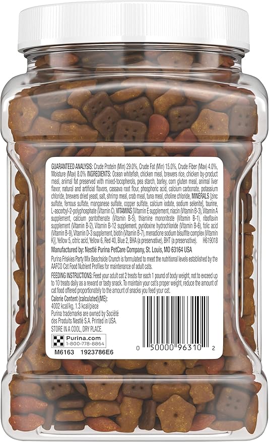 Purina Friskies Party Mix Cat Treats, Beachside Crunch, Made with Ocean Whitefish, Crunchy Cat Treats for Adult Cats, 20-Ounce Resealable Canister (Pack of 4)-Mewly Pet
