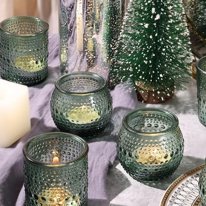 16 Pcs Assorted Green Votive Candle Holders- Glass Tealight Candle Holder for Wedding Table Decor, Green Candle Holders for Christmas, Vintage Party Table Decor