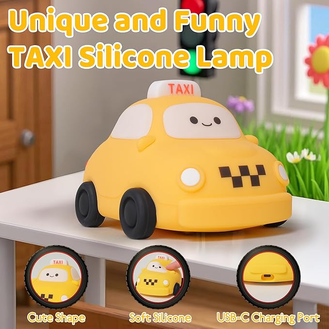 Car Night Light for Kids - 2-in-1 Dimmer & Timer, Rechargeable Squishy Silicone Baby Lamp, Cute Taxi Car Nightlight for Boys Girls Birthday Xmas Gifts Bedroom Decor Lamp