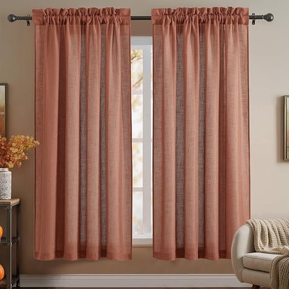 RYB HOME Curtains 63 inch Length, Semi Sheer Linen Blend Light Filtering Shades UV Protection Window Panels Drapes for Farmhouse, Living Room, Study, Home Office, 52 Wide x 63 inch Long, Terracotta