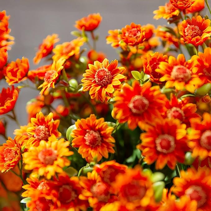 Artificial Mums for Outdoors, Faux Sunset Mum Flowers Planters for Indoor Outside Decor, Fake Look Real, Vibrant, UV Resistant, Waterproof, Windproof (Yellow, 5 Bundle)