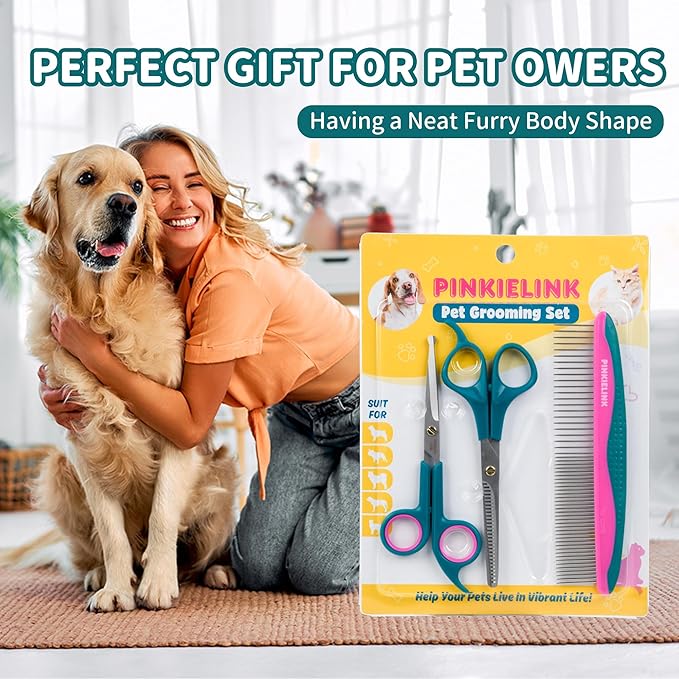 Professional Pet Grooming Kit, Stainless Steel Dog & Cat Grooming Shears with Rounded Tip Blades for Safe Fur Trimming, Thinning Shears, Straight Scissors, and Pet Comb (Set of 3)-Mewly Pet