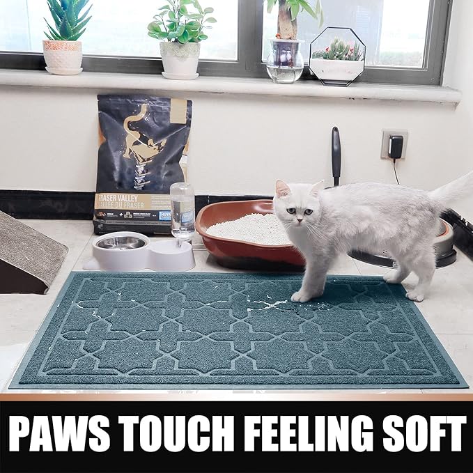 Yimobra Cat Litter Mat, 47"x36" Litter Box Mat with Litter Lock Mesh, Soft Cat Litter Mat Litter Trapping Mat, Easy to Clean, Non-Slip, Water Resistant, Litter Free Floors, Tea Blue-Mewly Pet