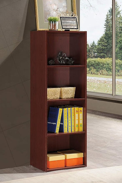 HODEDAH IMPORT 4-Shelf Bookcase Cabinet, Mahogany