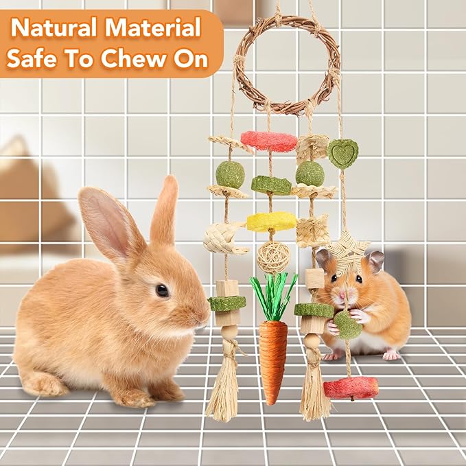 Rabbit Chew Toys Bunny Cage Hanging Toy and Treats Rattan Ring with Snacks for Rodent Pets Teeth Healthy-Mewly Pet