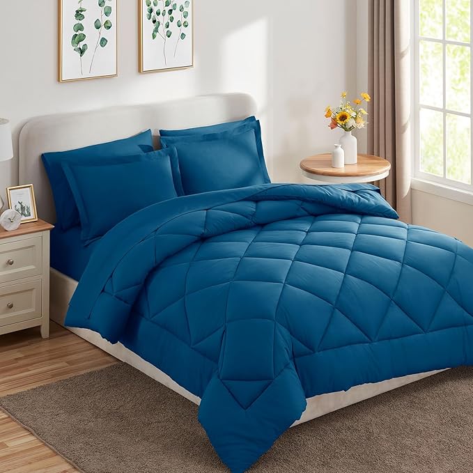 CozyLux Queen Comforter Set Teal - Bed in a Bag Queen Size 7 Pieces, Luxury Soft Bed Set for All Seasons, Bedding Set with Down Alternative Comforter, Sheets, Pillowcases & Shams