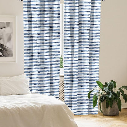 Ambesonne Harbour Stripe Window Curtains, Watercolor Style Paintbrush Stripes Sea Marine Life Lines Image, Lightweight Decor 2-Panel Set with Rod Pocket, Pair of - 28" x 84", Blue Night