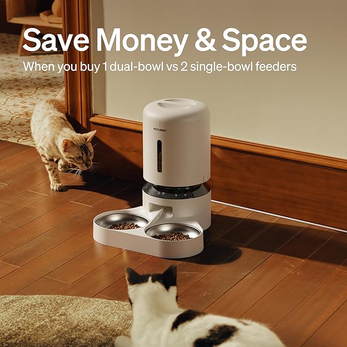 PETLIBRO 5L Automatic Cat Feeder for 2 Cats, 5G&2.4G Wi-Fi Programmable Cat Food Dispenser with Dual Stainless Steel Bowls, Airtight Lock Fresh Technology, Low Food Sensor-Mewly Pet