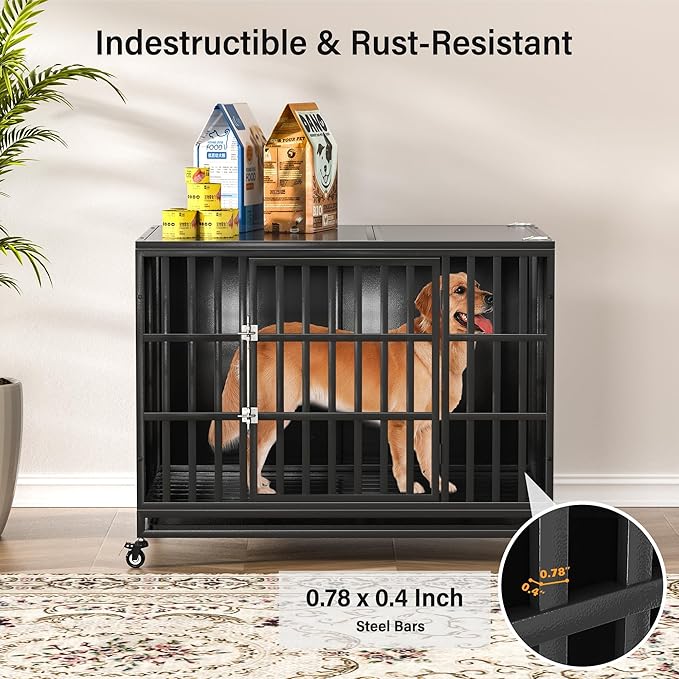 42 inch Heavy Duty Dog Crate with Self-Locking Latch, Indestructible Steel Large Kennel with Enclosed Design, Chew-Proof and Escape-Proof Pet Cage for High Anxiety Dogs-Mewly Pet