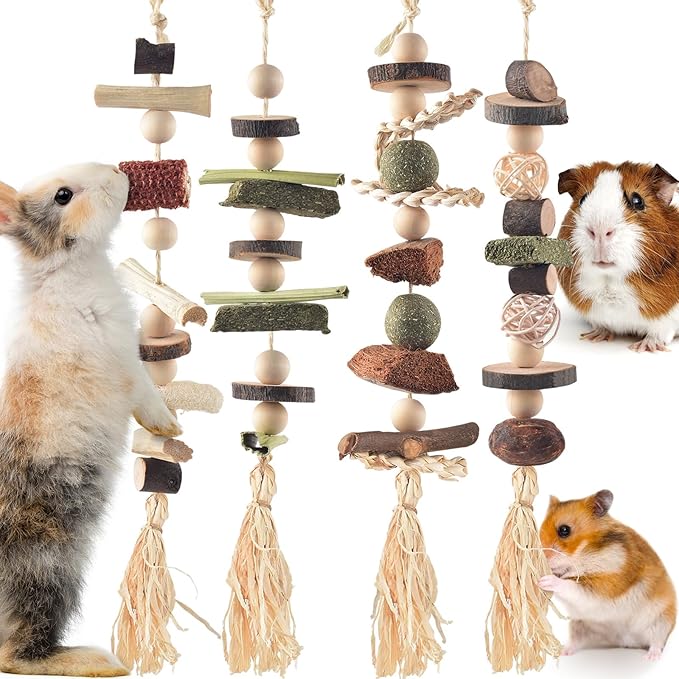 4 Pcs Bunny Chew Toys for Teeth, Hanging Rabbit Chewing Toy Treats with Timothy Grass & Natural Apple Wood, Improve Small Rodent Dental Health for Guinea Pig Hamster Chinchilla Rat Gerbil-Mewly Pet