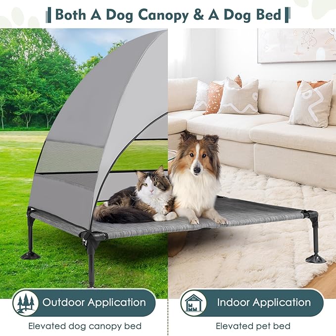 Upgraded Elevated Dog Bed with Canopy, Portable Raised Outdoor Dog Bed with Stable Anti-Slip Feet, Wider Shade Pet Bed Cot, Raised Dog Beds for Large Dogs Camping, Indoor & Outdoor Use-Mewly Pet