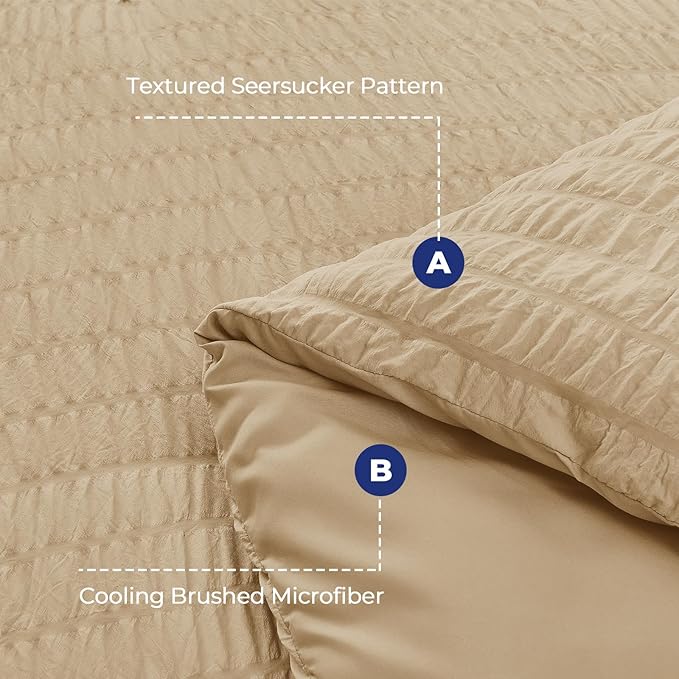 HYMOKEGE Khaki California King Comforter Set Seersucker 7 Pieces, All Season Luxury Bed in a Bag for Bedroom, Bedding Set with Comforter, Sheets, Pillowcases & Shams