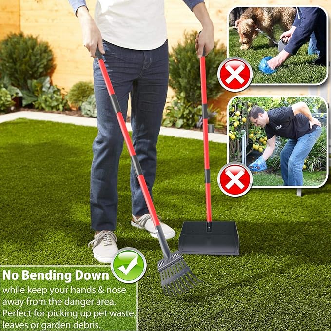 Larger Heavy Duty Pooper Scooper for Dogs-Rake, Spade,Tray Set with Long Handle,No Bend Down Easy Cleanup,Great for Yard Grass Gravel Dirt,Use for Large Small and Multi Dogs-Mewly Pet
