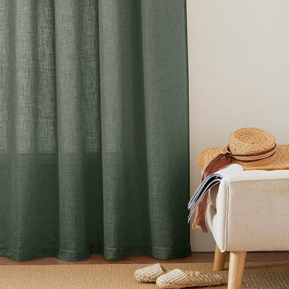 RYB HOME Semi Sheer Curtains 90 inches Long, Light Filtering Privacy Natural Farmhouse Linen Texture Drapes for Living Room Bedroom Dining Room, W 52 x L 90 inches, Hunter Green, 2 Panels